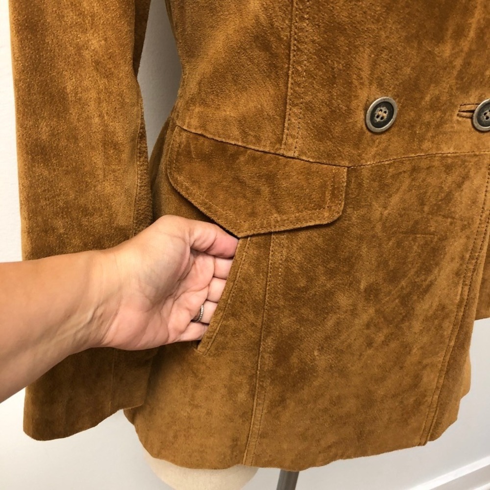 Zara Basic Suede Jacket Womens S Small Brown Double Breasted Pea Coat Blazer - Picture 3 of 8